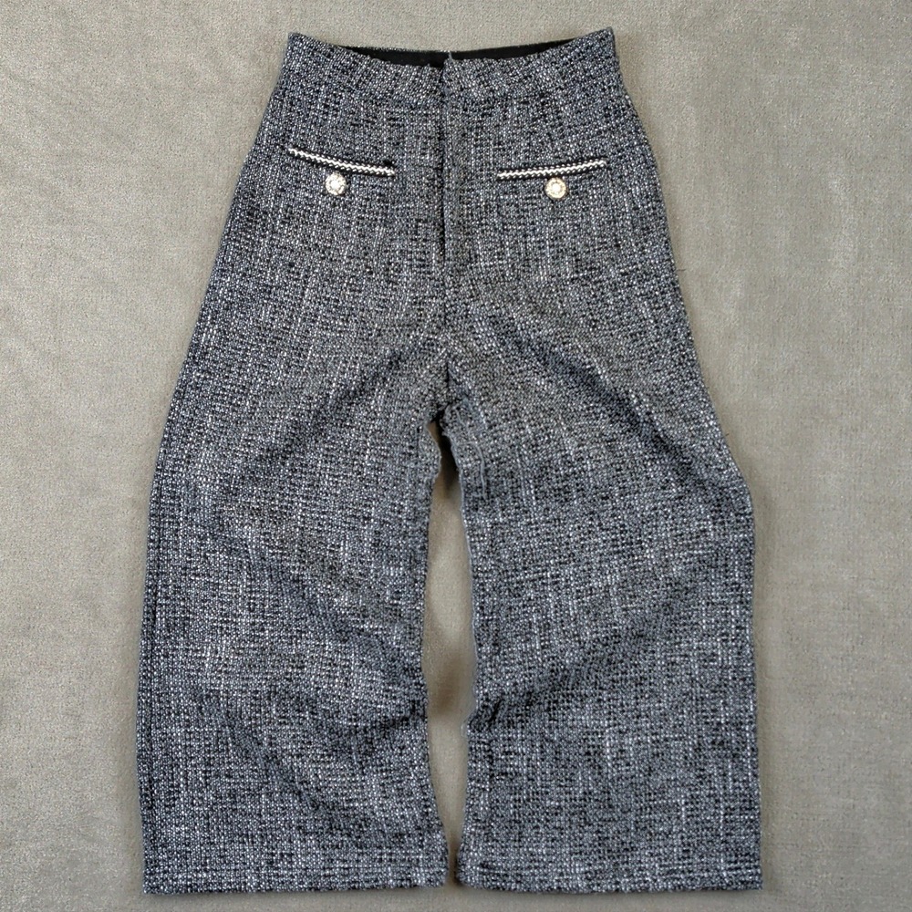 Cider Tweed Pants Womens Small Black White Wide Leg High Waist Pearl Button Trim